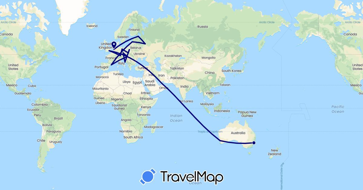 TravelMap itinerary: driving in United Arab Emirates, Australia, Czech Republic, Germany, Spain, United Kingdom, Croatia, Hungary, Latvia, Netherlands, Poland, Russia (Asia, Europe, Oceania)